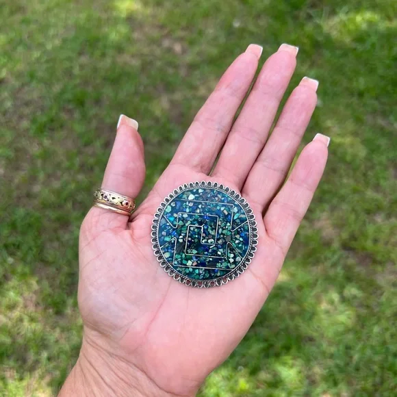 Vintage Sterling Silver Taxco Mexico Turquoise & Lapis Inlay Brooch Pendant - Picture 8 of 17